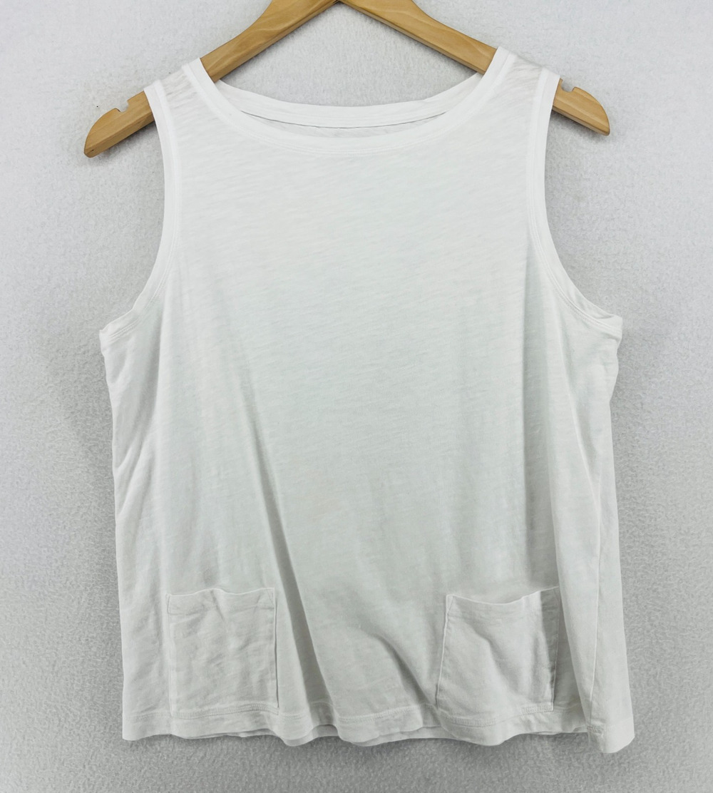 EILEEN FISHER Tank Top S Organic Cotton Slub Jersey Boat Neck Pocket White